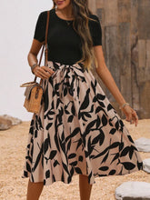 Printed Round Neck Short Sleeve Midi Dress Camel OutfitFlow